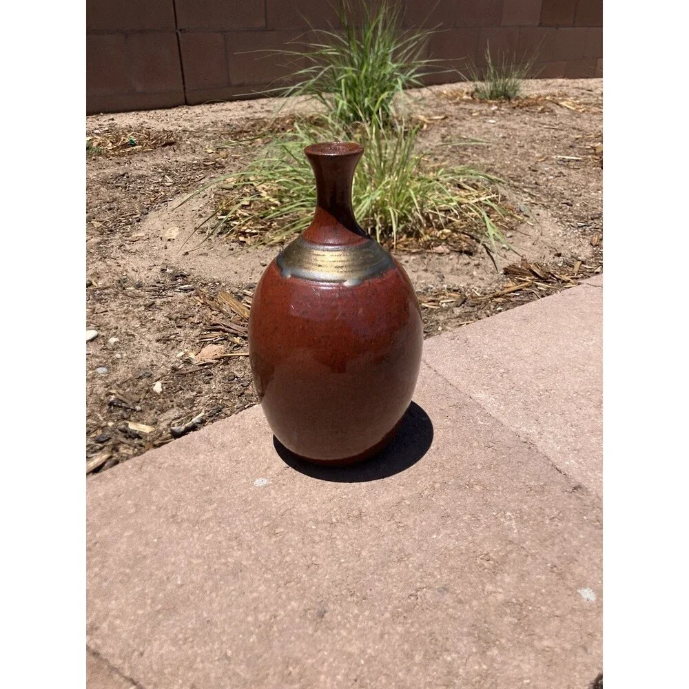 Signed Studio Pottery Bar BT’14 Stoneware Red Brown Glaze Handmade 9”
